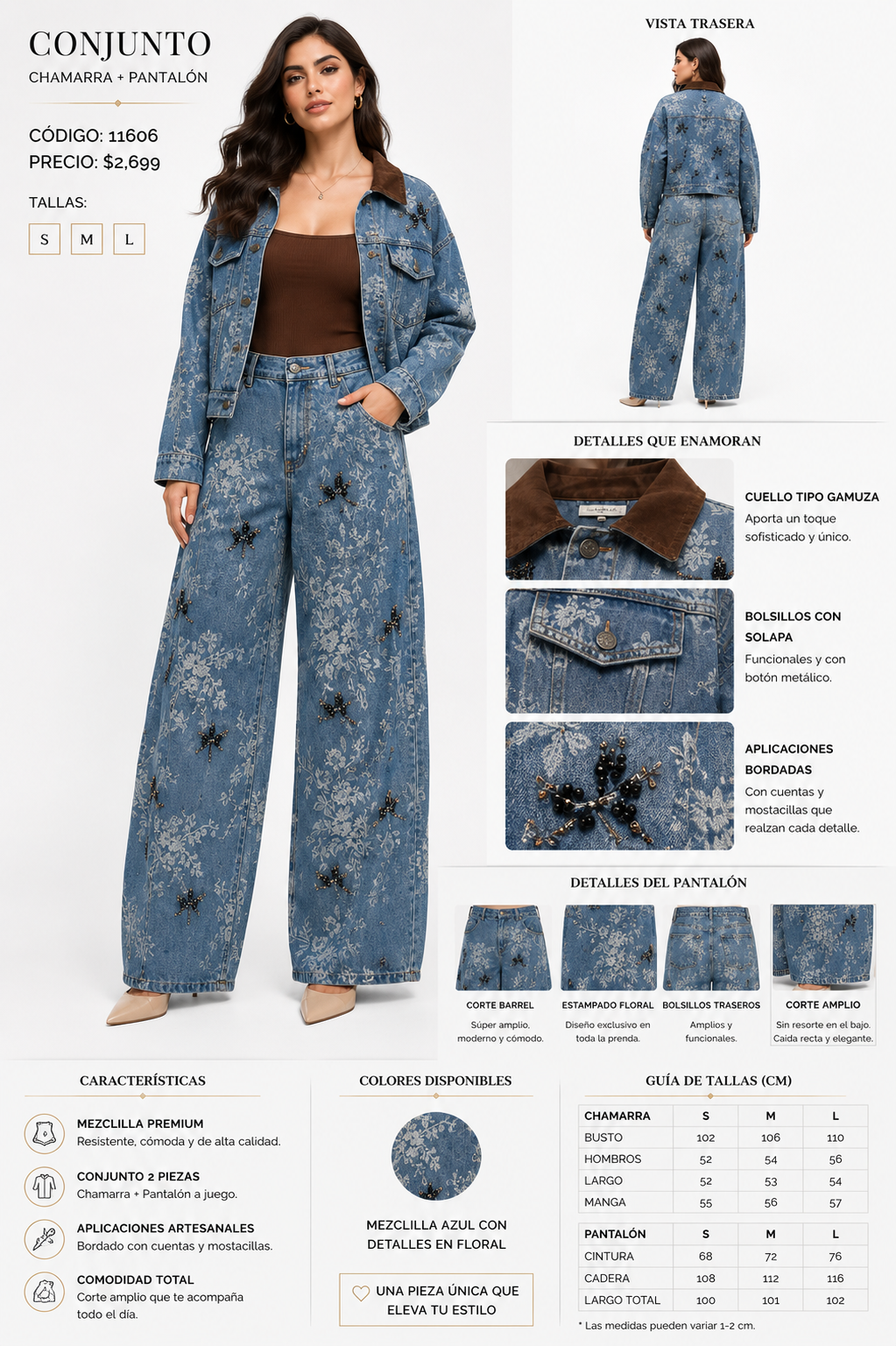 Conjunto Denim Floral con Aplicaciones