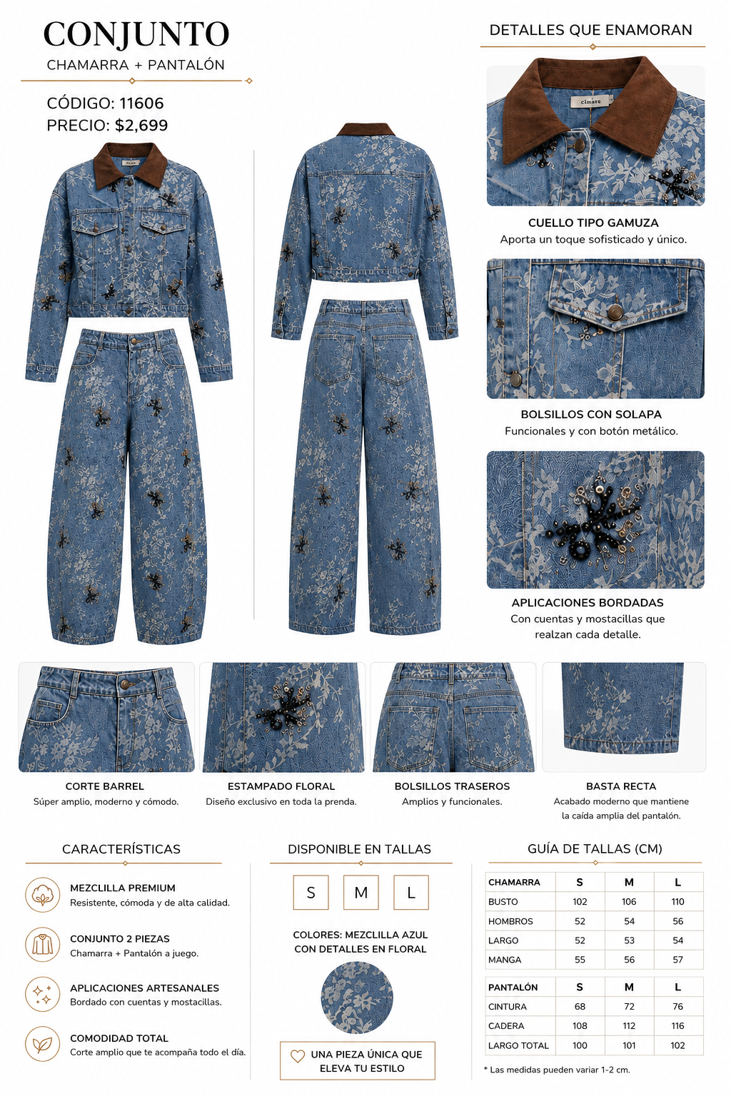 Conjunto Denim Floral con Aplicaciones