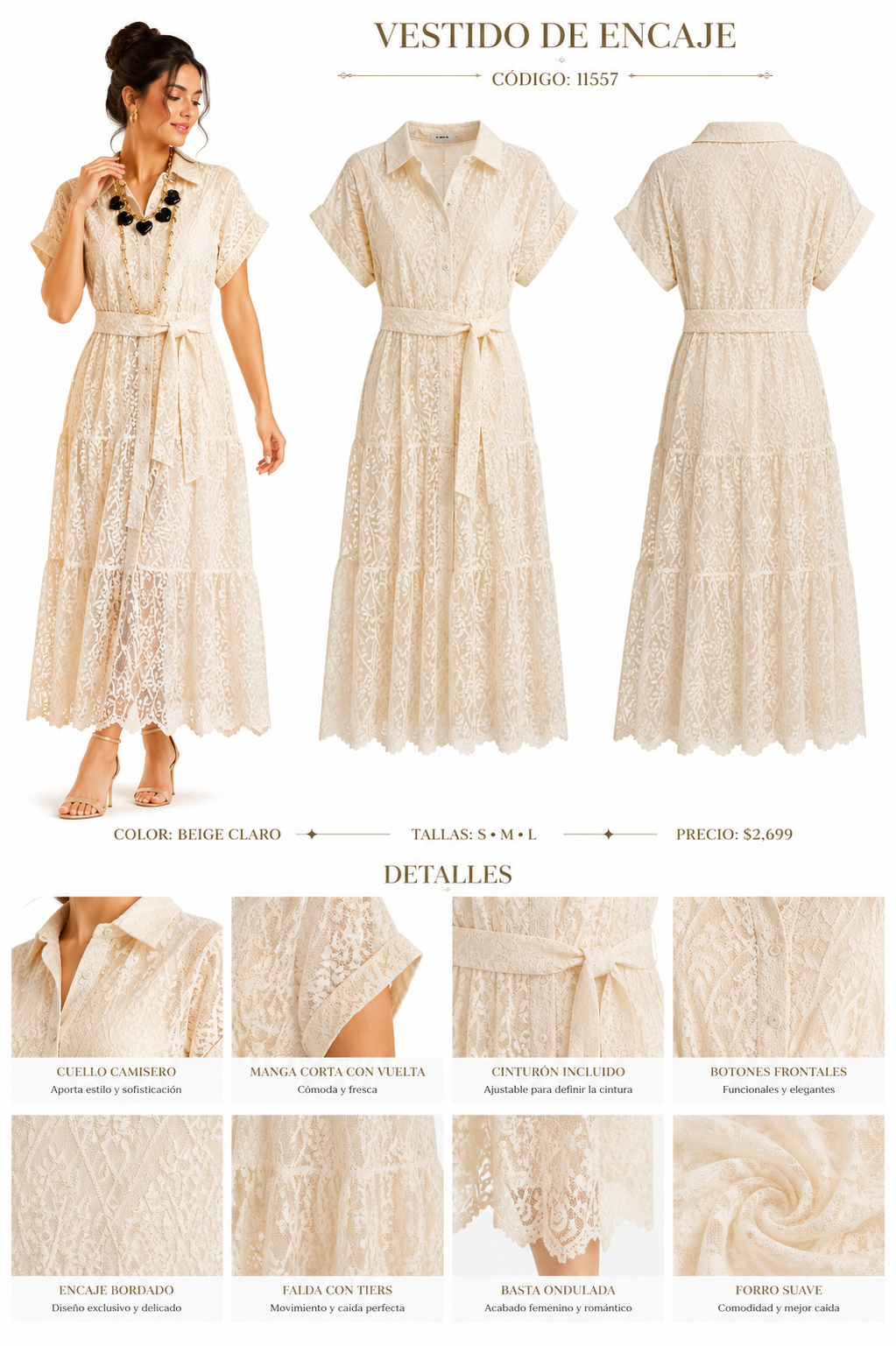 Vestido Largo de Encaje Beige Claro