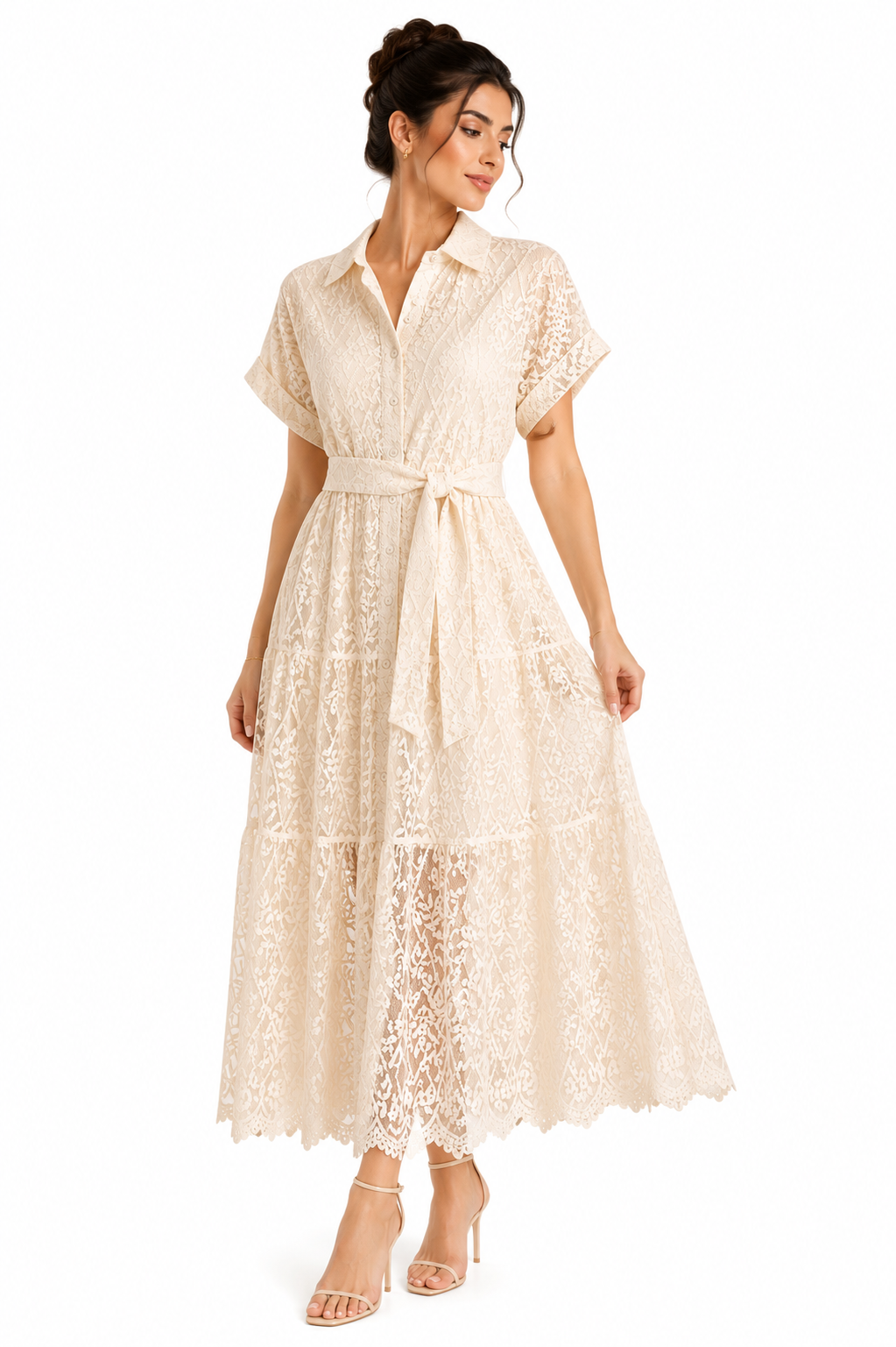 Vestido Largo de Encaje Beige Claro