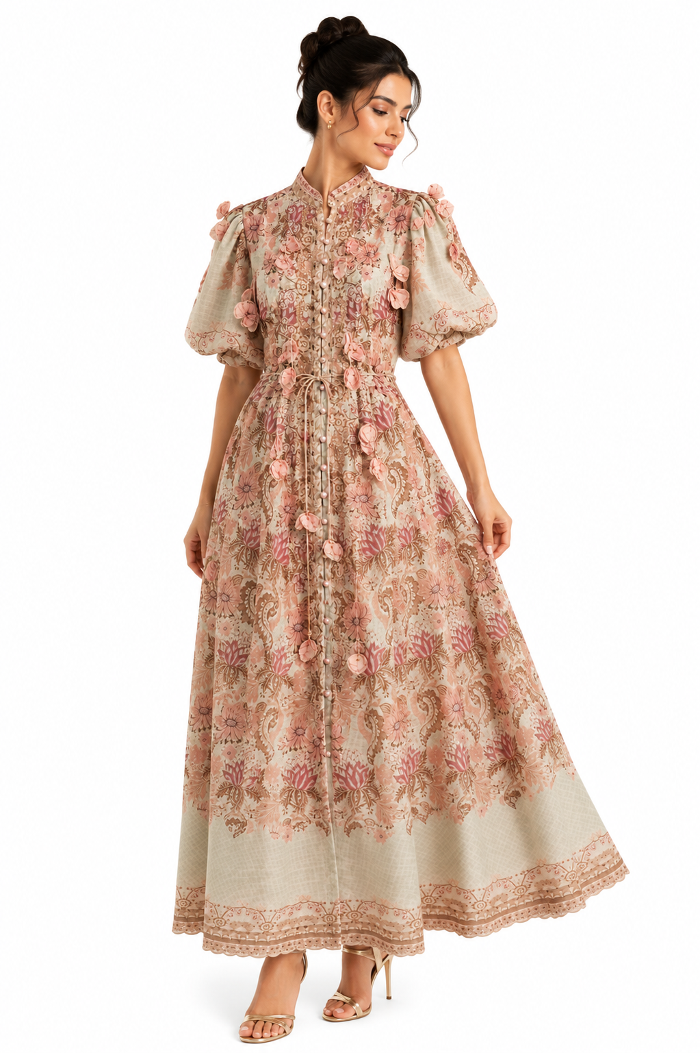 Vestido Largo Floral con Aplicaciones 3D