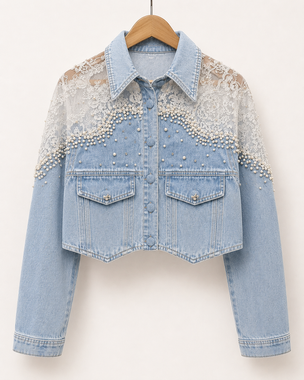 Chamarra Denim Encaje & Perlas