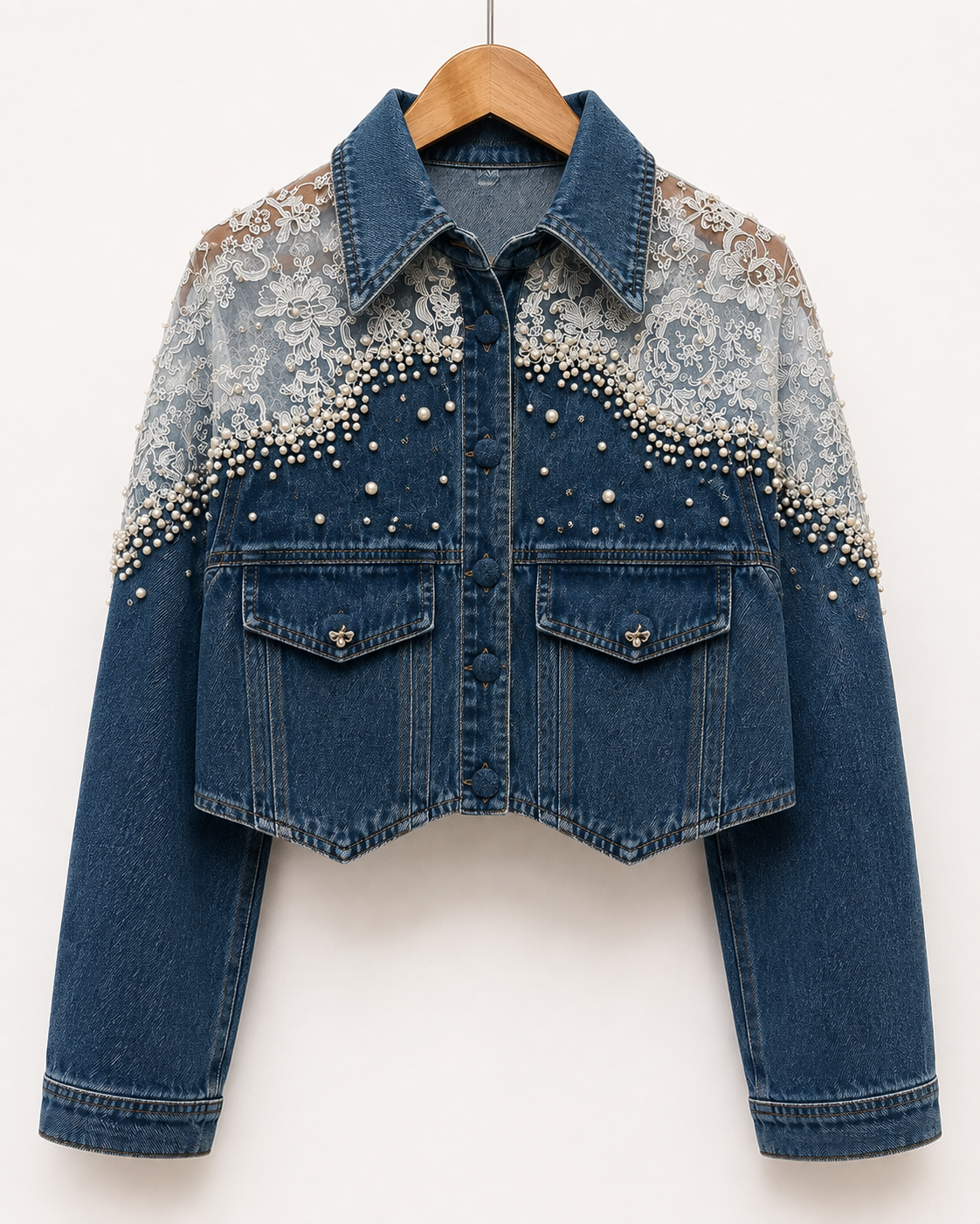 Chamarra Denim Encaje & Perlas