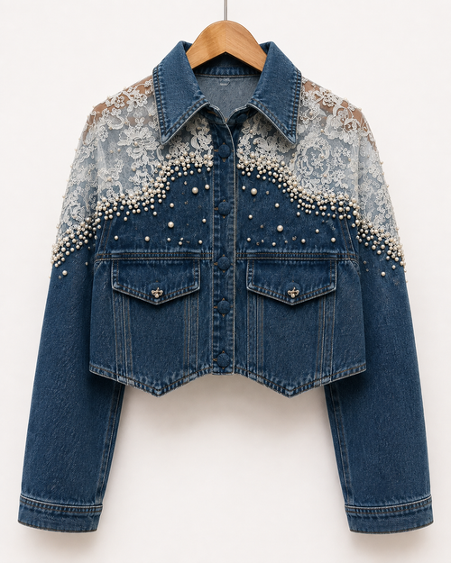 Chamarra Denim Encaje & Perlas
