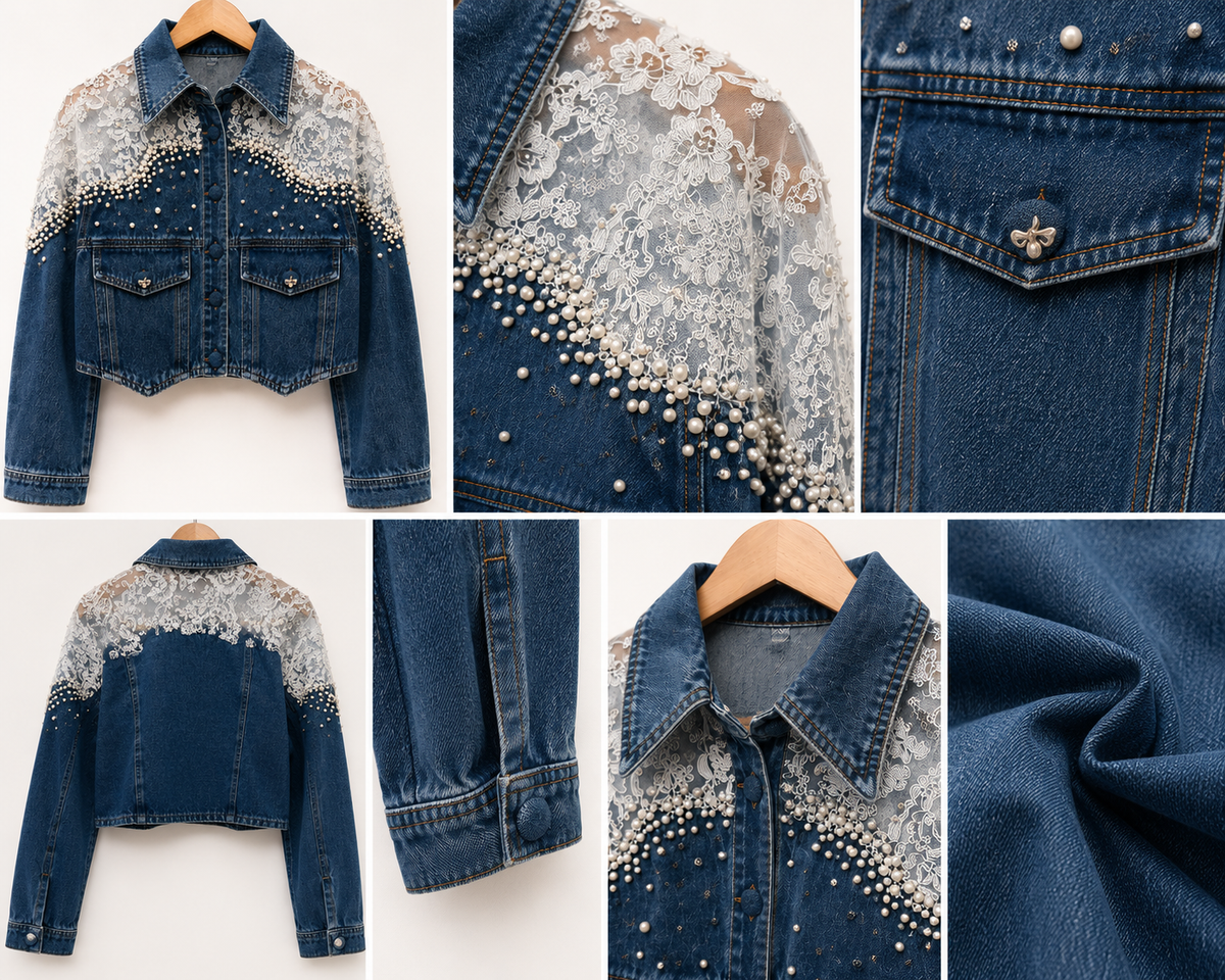 Chamarra Denim Encaje & Perlas