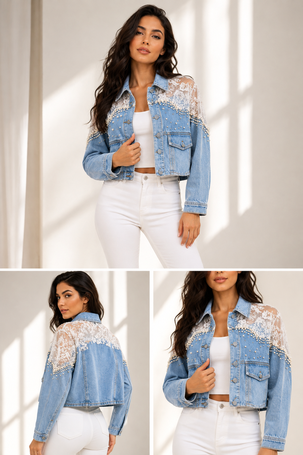 Chamarra Denim Encaje & Perlas