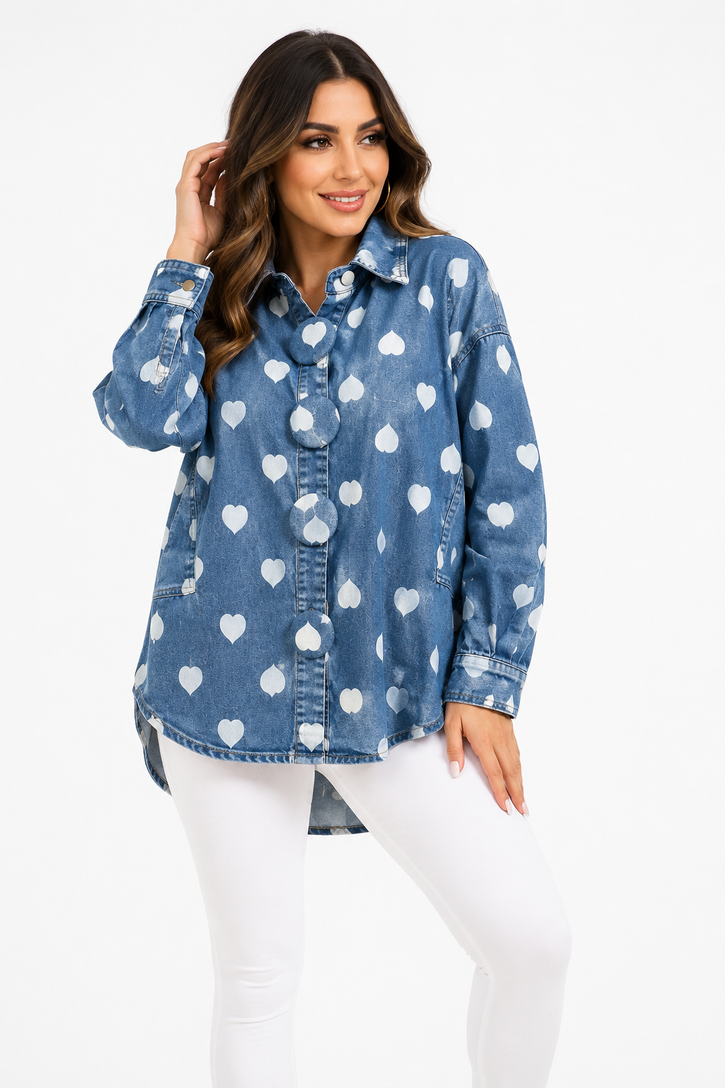 Camisa Denim Corazones Con Botones Jumbo