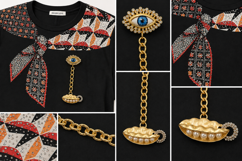Blusa Pañoleta con Cristales y Colgante Joya