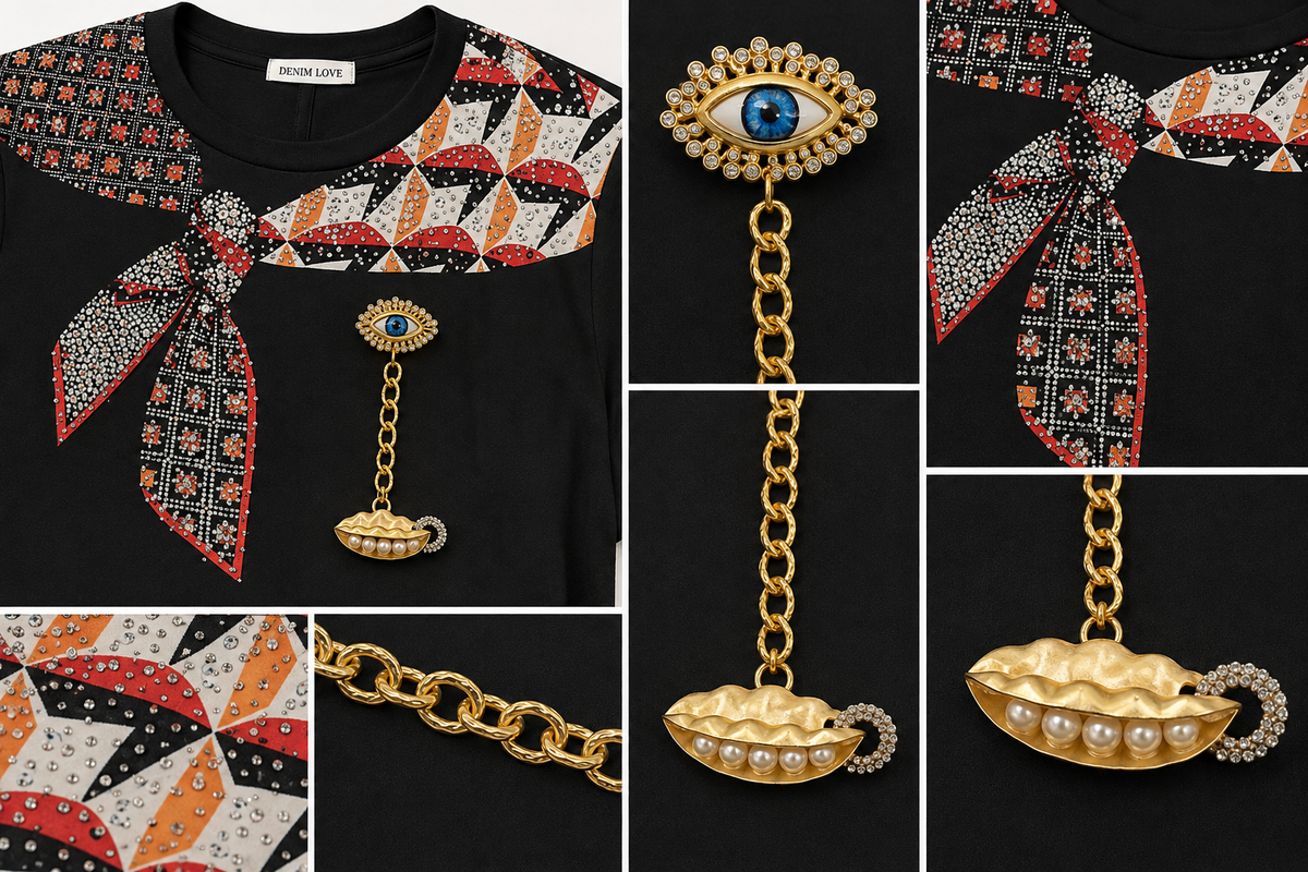 Blusa Pañoleta con Cristales y Colgante Joya